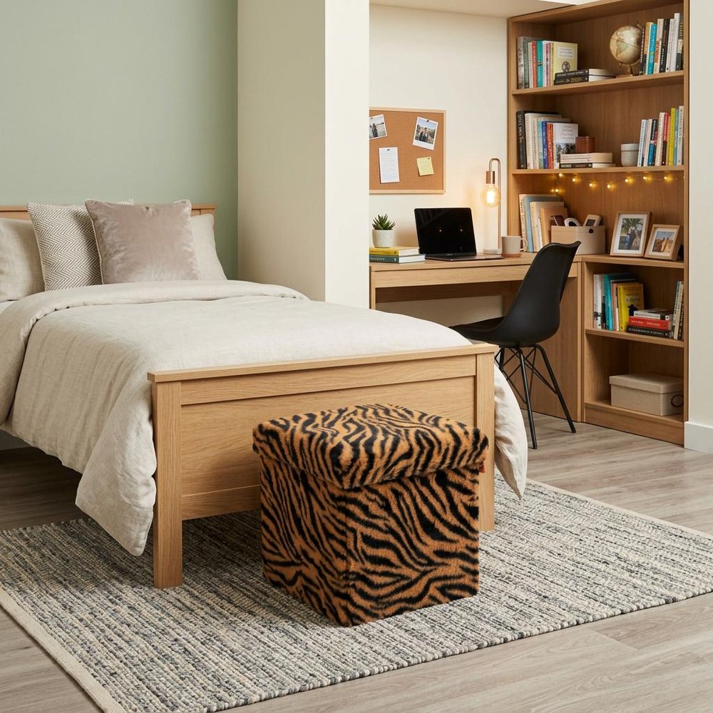 12" Black and Tan Faux Fur Tiger Storage Ottoman HomeRoots