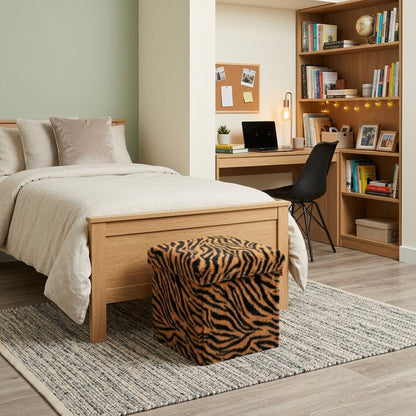 12" Black and Tan Faux Fur Tiger Storage Ottoman HomeRoots