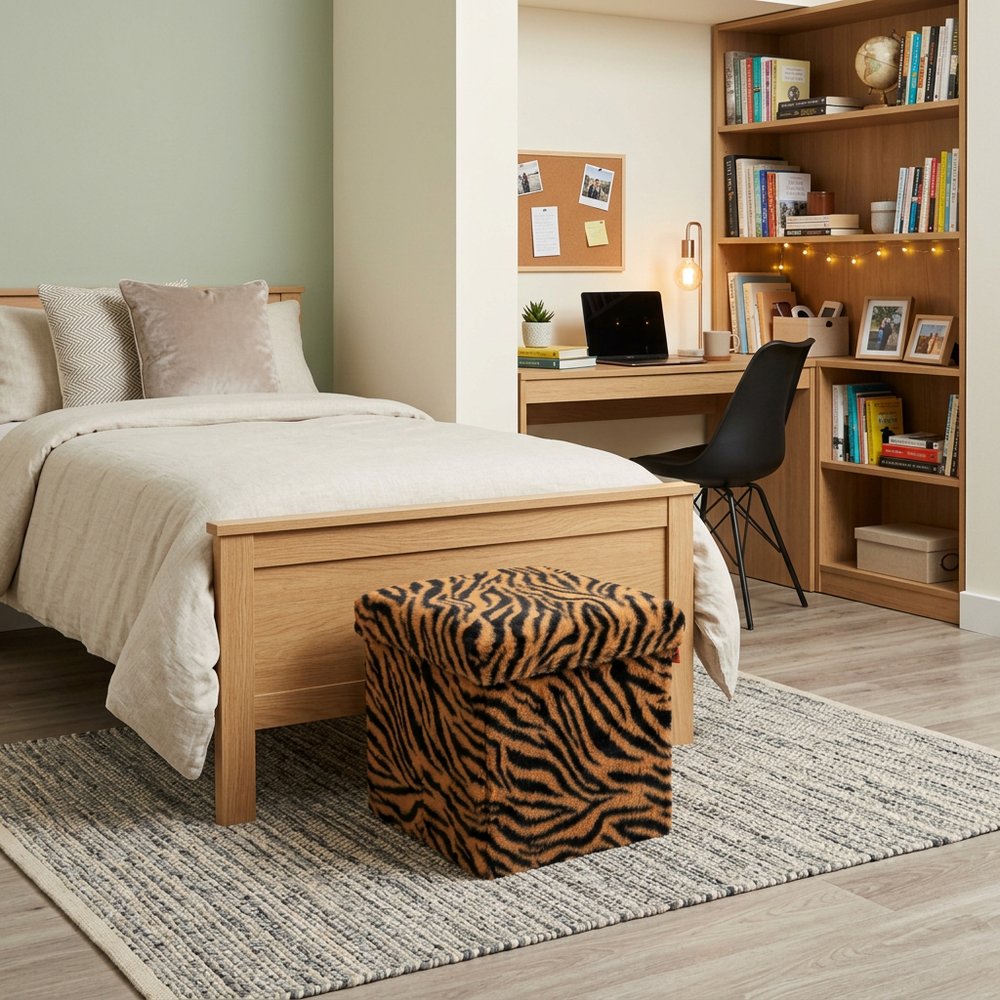 12" Black and Tan Faux Fur Tiger Storage Ottoman HomeRoots