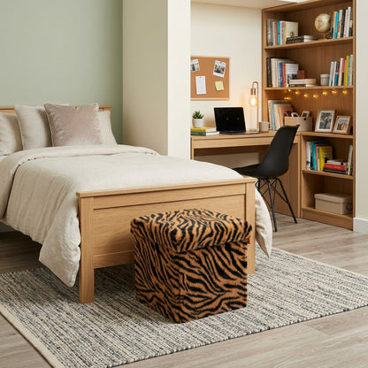 12" Black and Tan Faux Fur Tiger Storage Ottoman HomeRoots