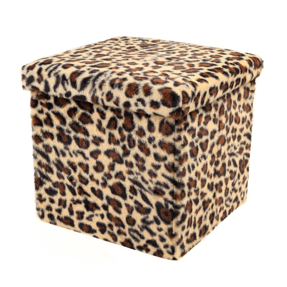 15" Tan And Black Faux Fur Leopard Ottoman HomeRoots