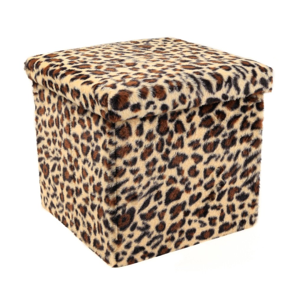 15" Tan And Black Faux Fur Leopard Ottoman HomeRoots