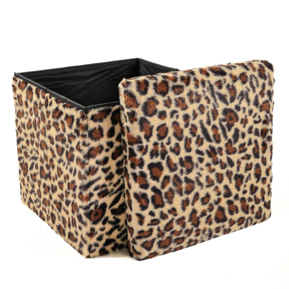 15" Tan And Black Faux Fur Leopard Ottoman HomeRoots