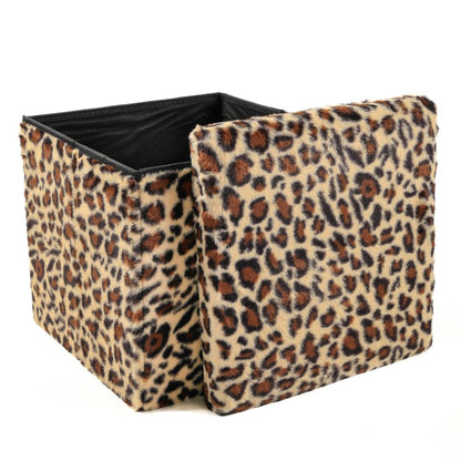 15" Tan And Black Faux Fur Leopard Ottoman HomeRoots