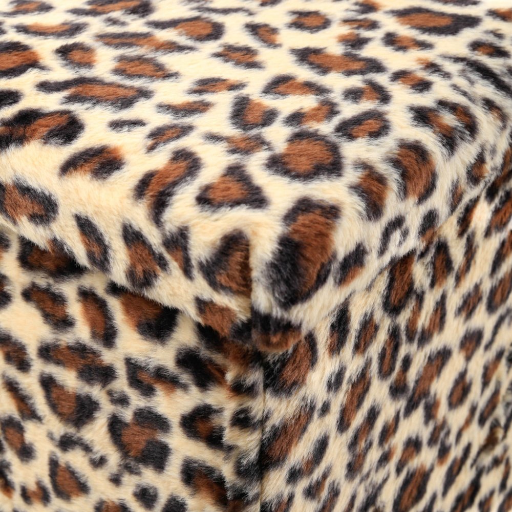 15" Tan and Black Faux Fur Leopard Storage Ottoman HomeRoots