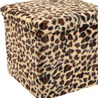 15" Tan and Black Faux Fur Leopard Storage Ottoman HomeRoots
