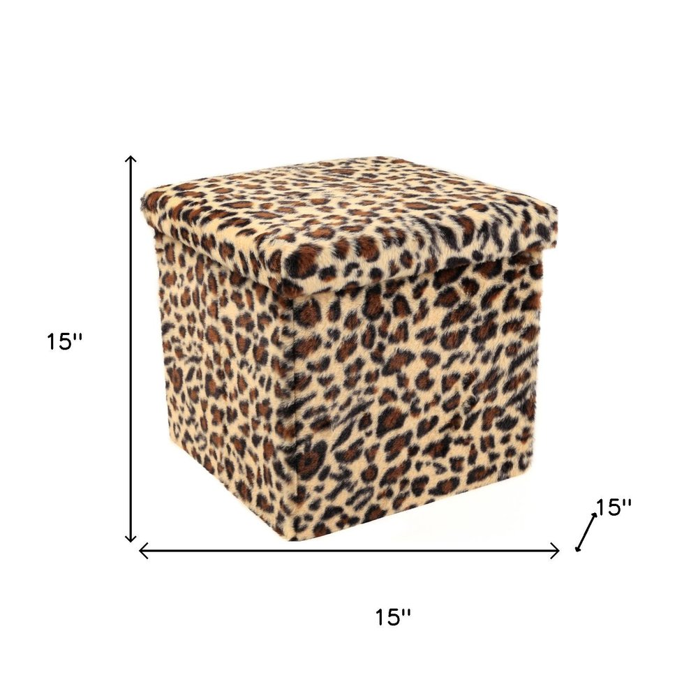 15" Tan And Black Faux Fur Leopard Ottoman HomeRoots
