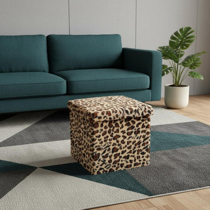 15" Tan and Black Faux Fur Leopard Storage Ottoman HomeRoots
