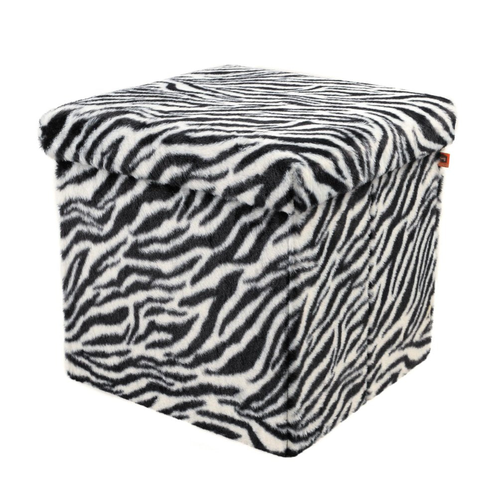 15" Black And White Faux Fur Zebra Ottoman HomeRoots