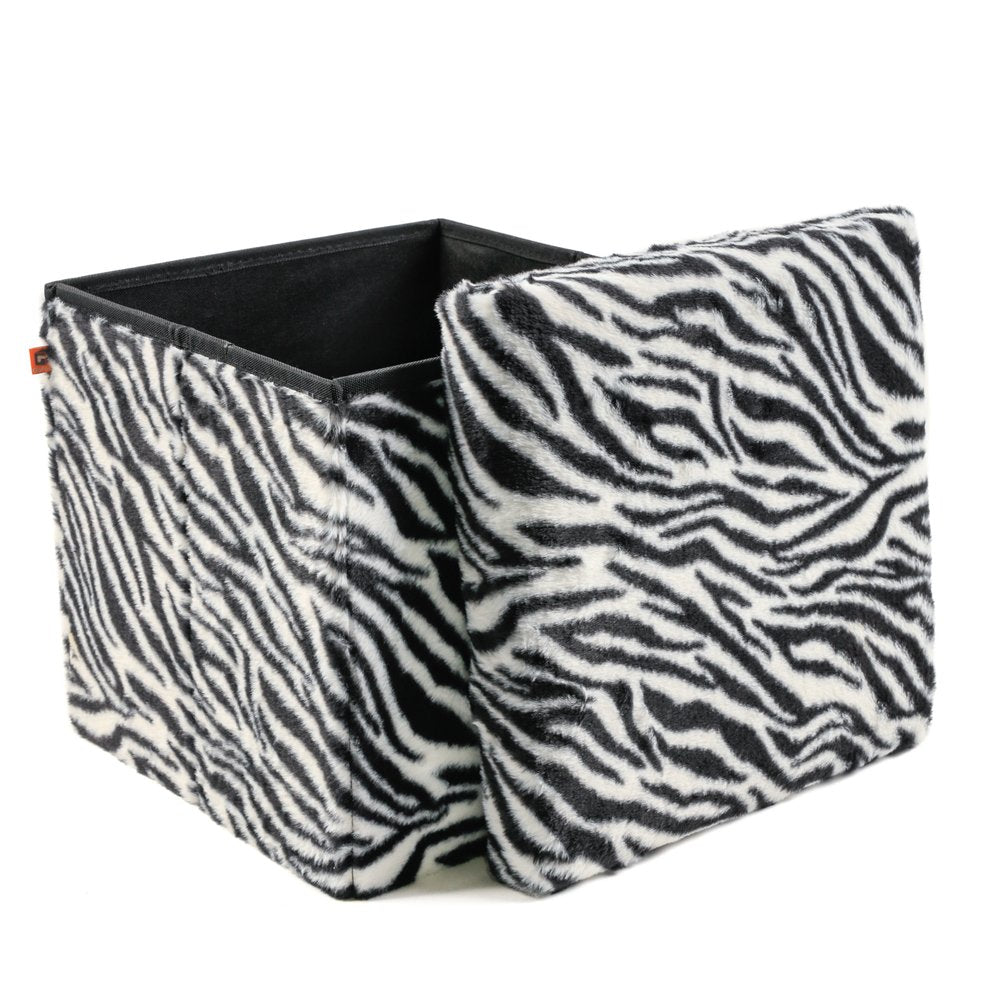 15" Black and White Faux Fur Zebra Storage Ottoman HomeRoots