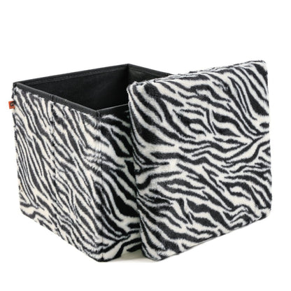 15" Black and White Faux Fur Zebra Storage Ottoman HomeRoots