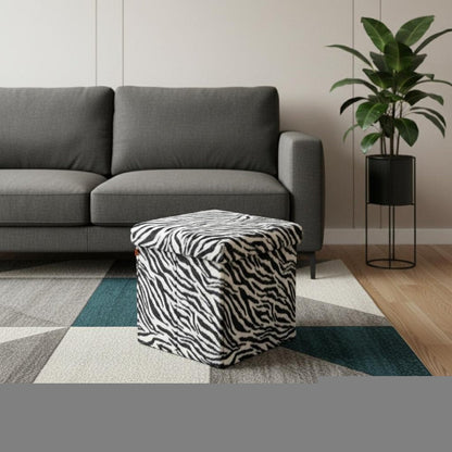 15" Black and White Faux Fur Zebra Storage Ottoman HomeRoots
