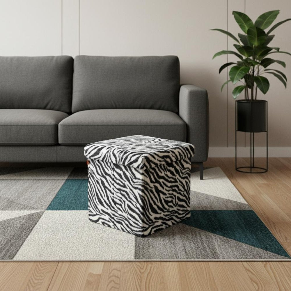 15" Black And White Faux Fur Zebra Ottoman HomeRoots