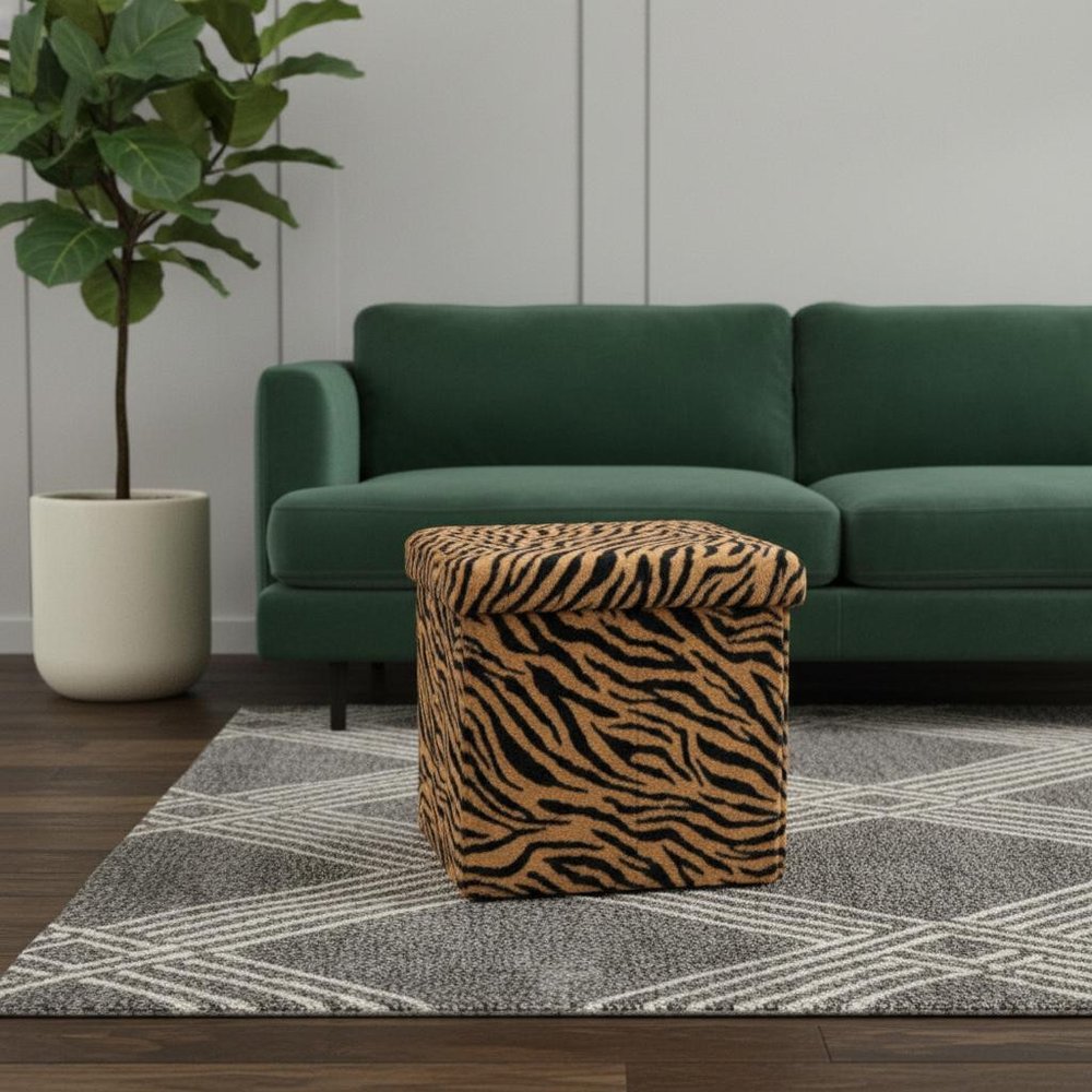 15" Tan and Black Faux Fur Tiger Storage Ottoman HomeRoots