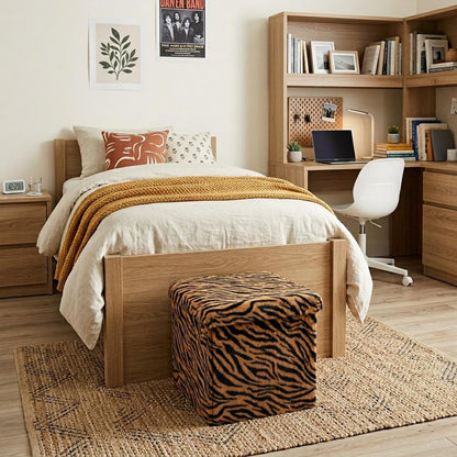 15" Tan and Black Faux Fur Tiger Storage Ottoman HomeRoots