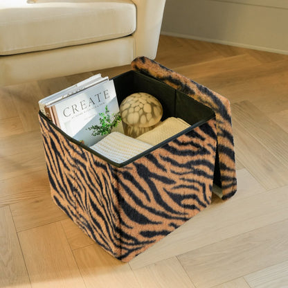 15" Tan and Black Faux Fur Tiger Storage Ottoman HomeRoots