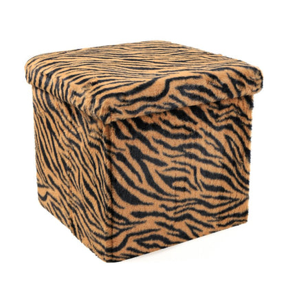 15" Tan and Black Faux Fur Tiger Storage Ottoman HomeRoots
