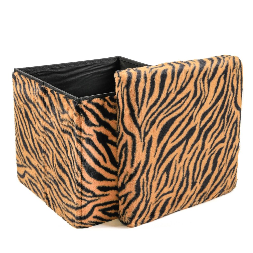 15" Tan and Black Faux Fur Tiger Storage Ottoman HomeRoots