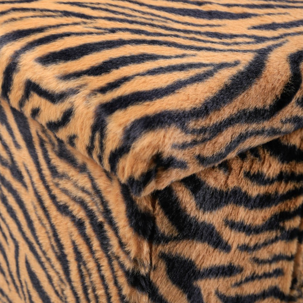 15" Tan and Black Faux Fur Tiger Storage Ottoman HomeRoots