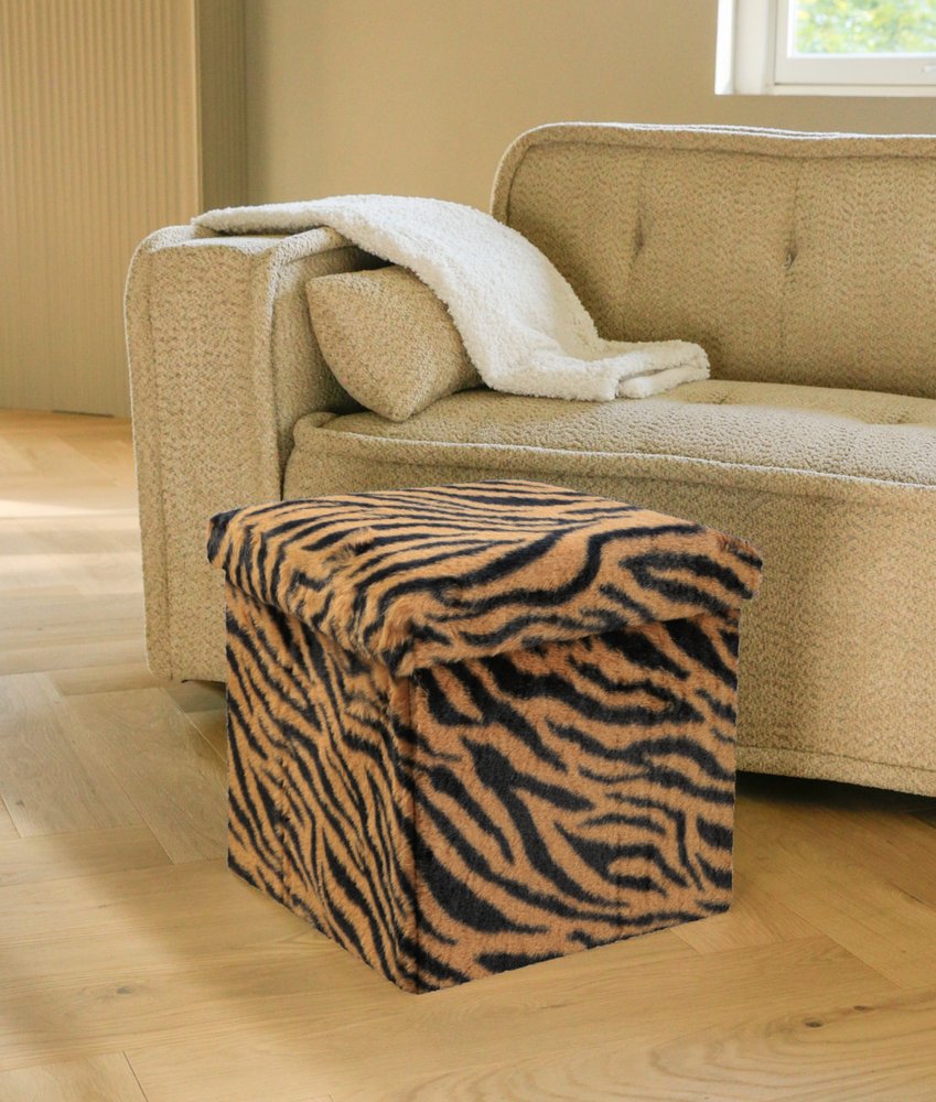 15" Tan and Black Faux Fur Tiger Storage Ottoman HomeRoots