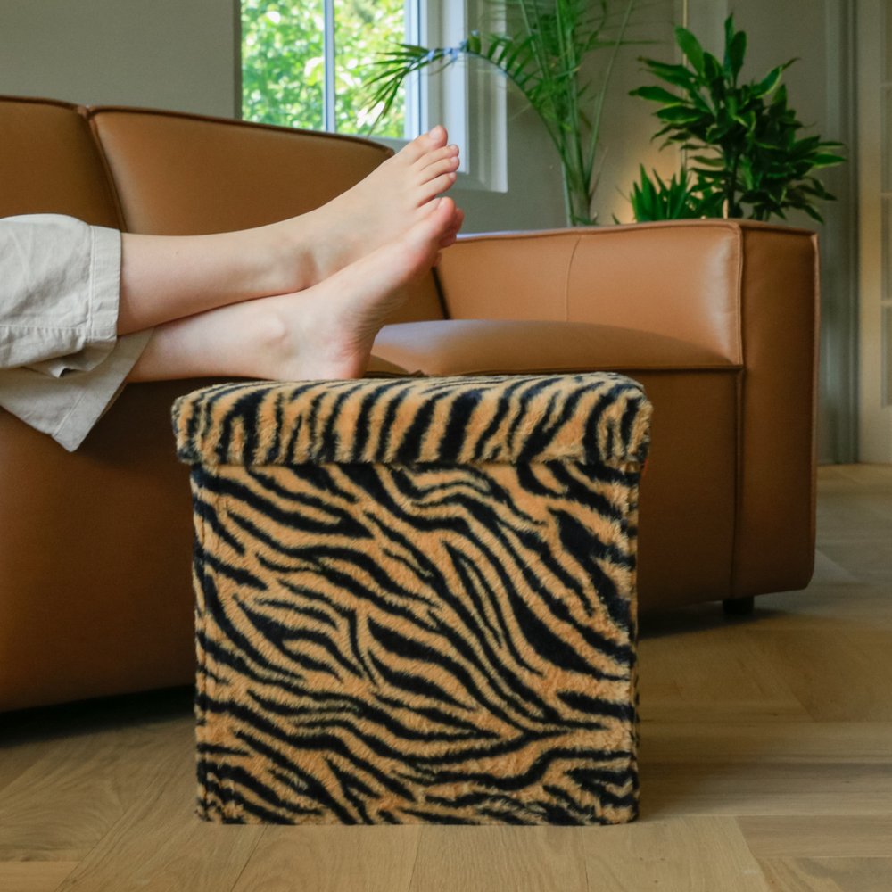 15" Tan and Black Faux Fur Tiger Storage Ottoman HomeRoots