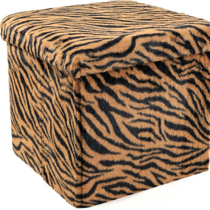 15" Tan and Black Faux Fur Tiger Storage Ottoman HomeRoots