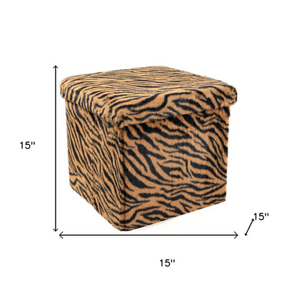 15" Tan and Black Faux Fur Tiger Storage Ottoman HomeRoots