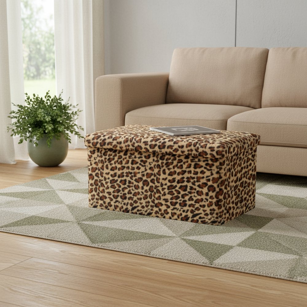30" Tan and Black Faux Fur Leopard Storage Ottoman HomeRoots