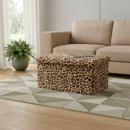 30" Tan and Black Faux Fur Leopard Storage Ottoman HomeRoots