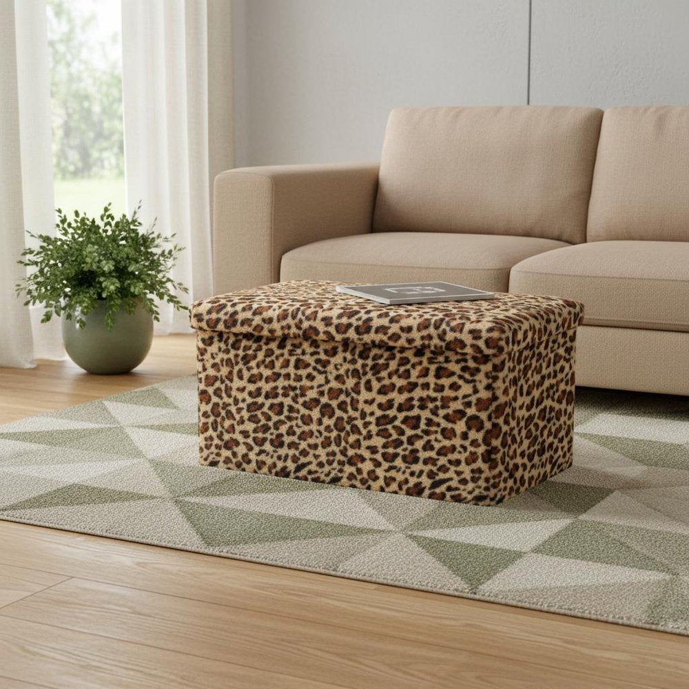 30" Tan and Black Faux Fur Leopard Storage Ottoman HomeRoots