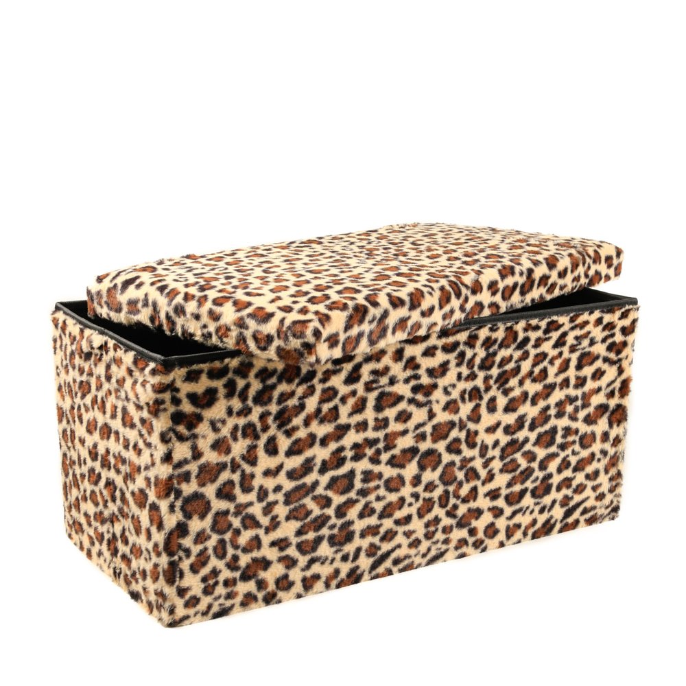 30" Tan and Black Faux Fur Leopard Storage Ottoman HomeRoots