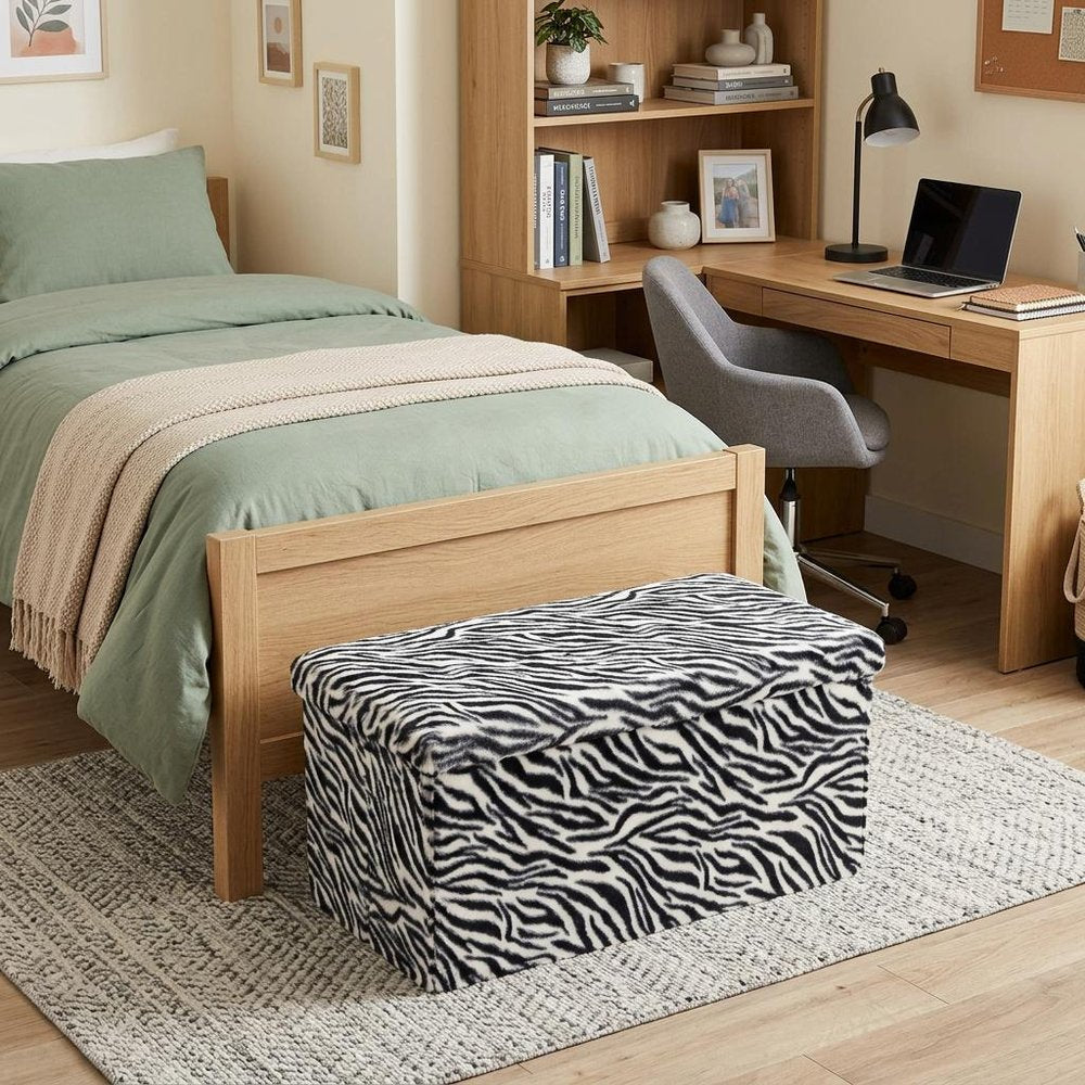 30" Black and White Faux Fur Zebra Storage Ottoman HomeRoots