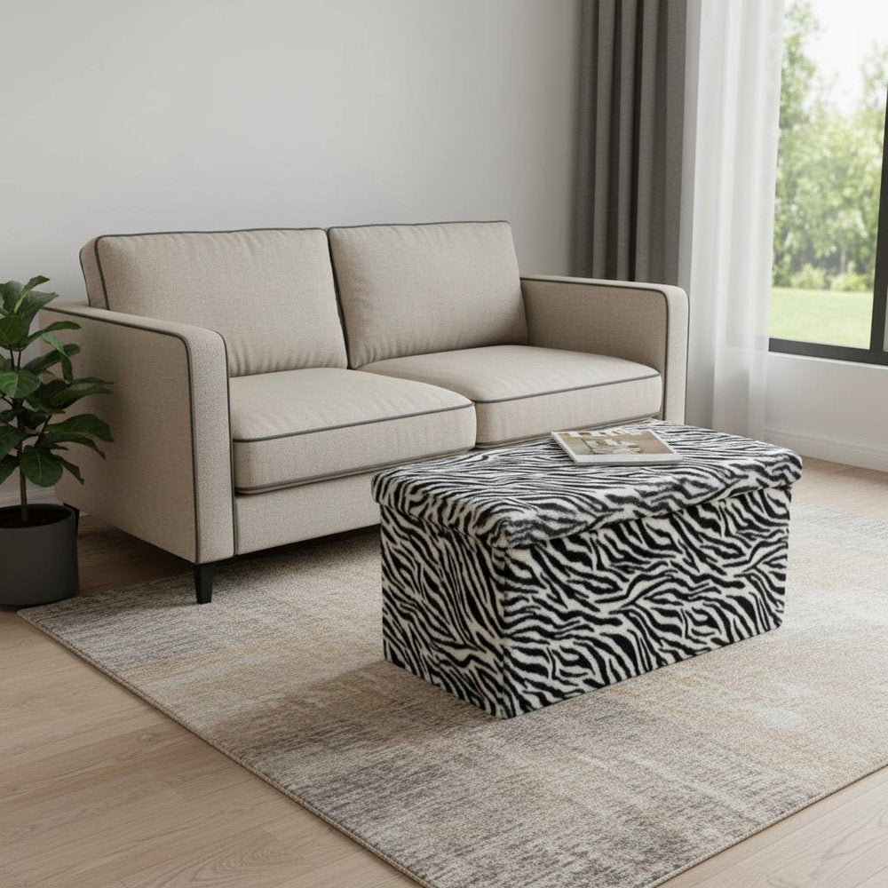 30" Black and White Faux Fur Zebra Storage Ottoman HomeRoots