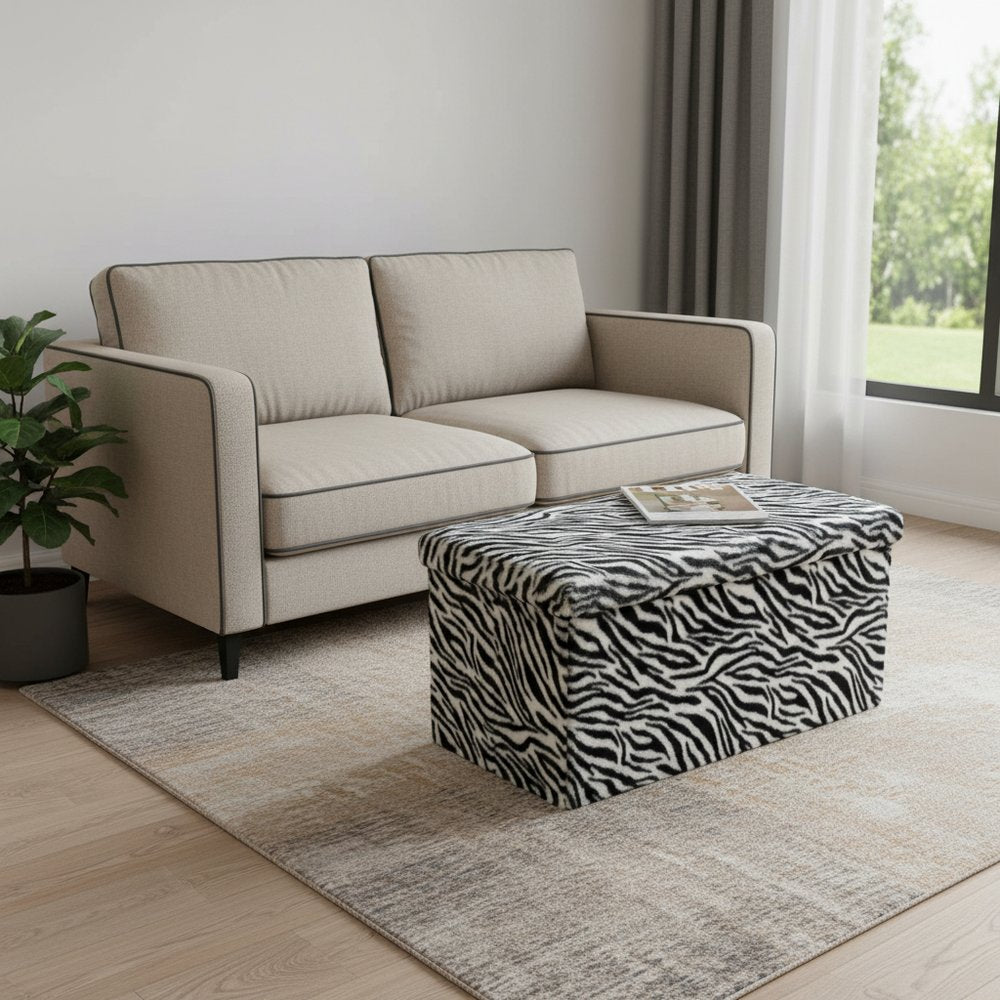 30" Black and White Faux Fur Zebra Storage Ottoman HomeRoots