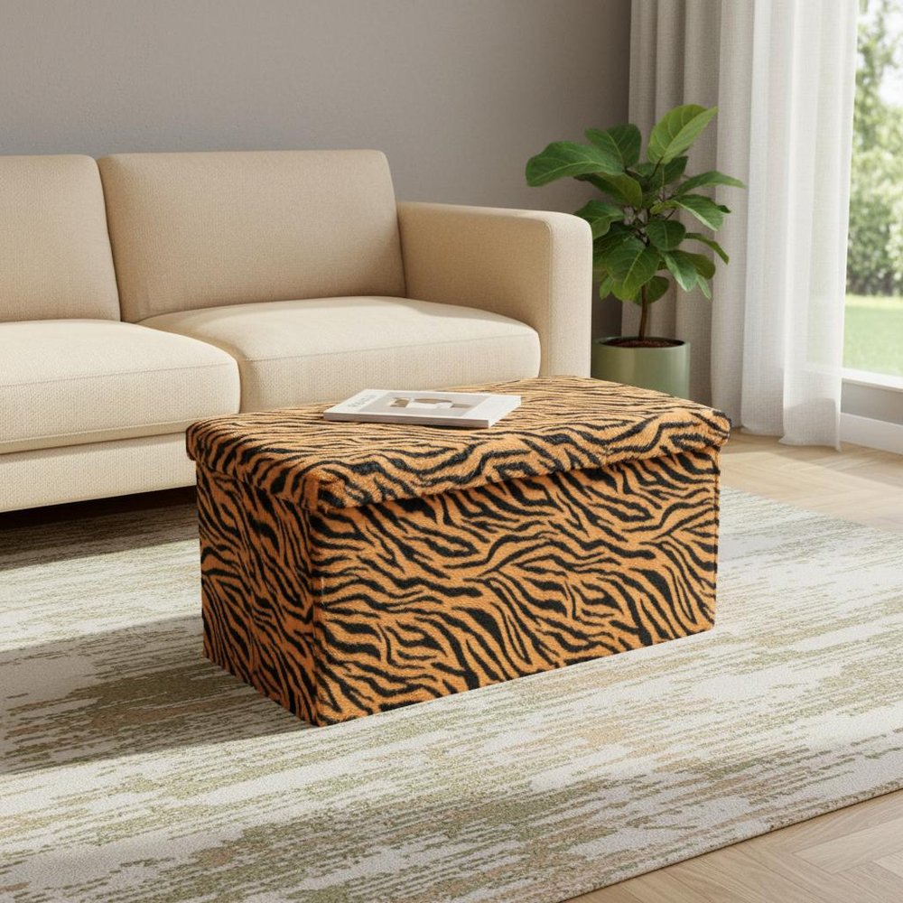 30" Black and Tan Faux Fur Tiger Storage Ottoman HomeRoots