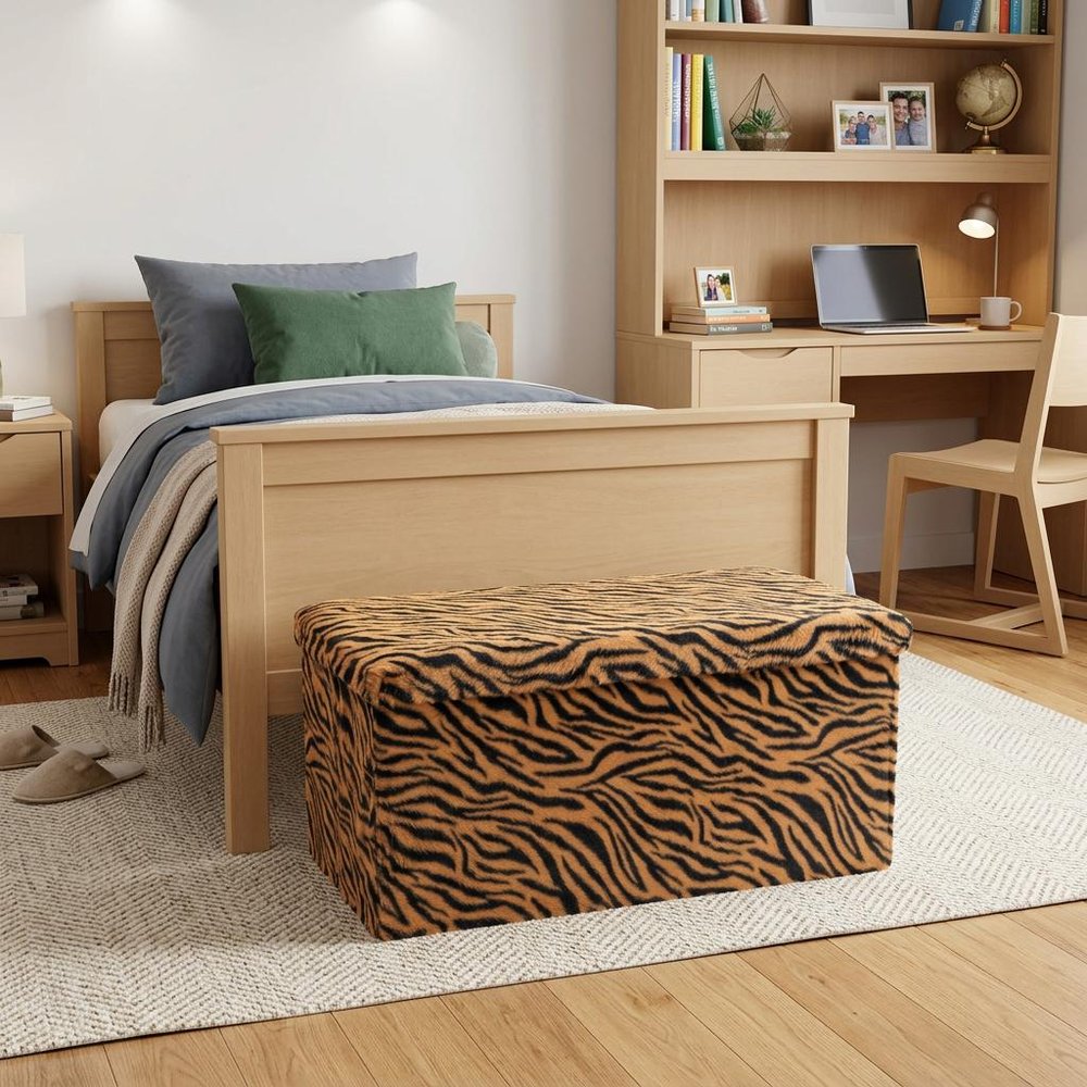 30" Black and Tan Faux Fur Tiger Storage Ottoman HomeRoots