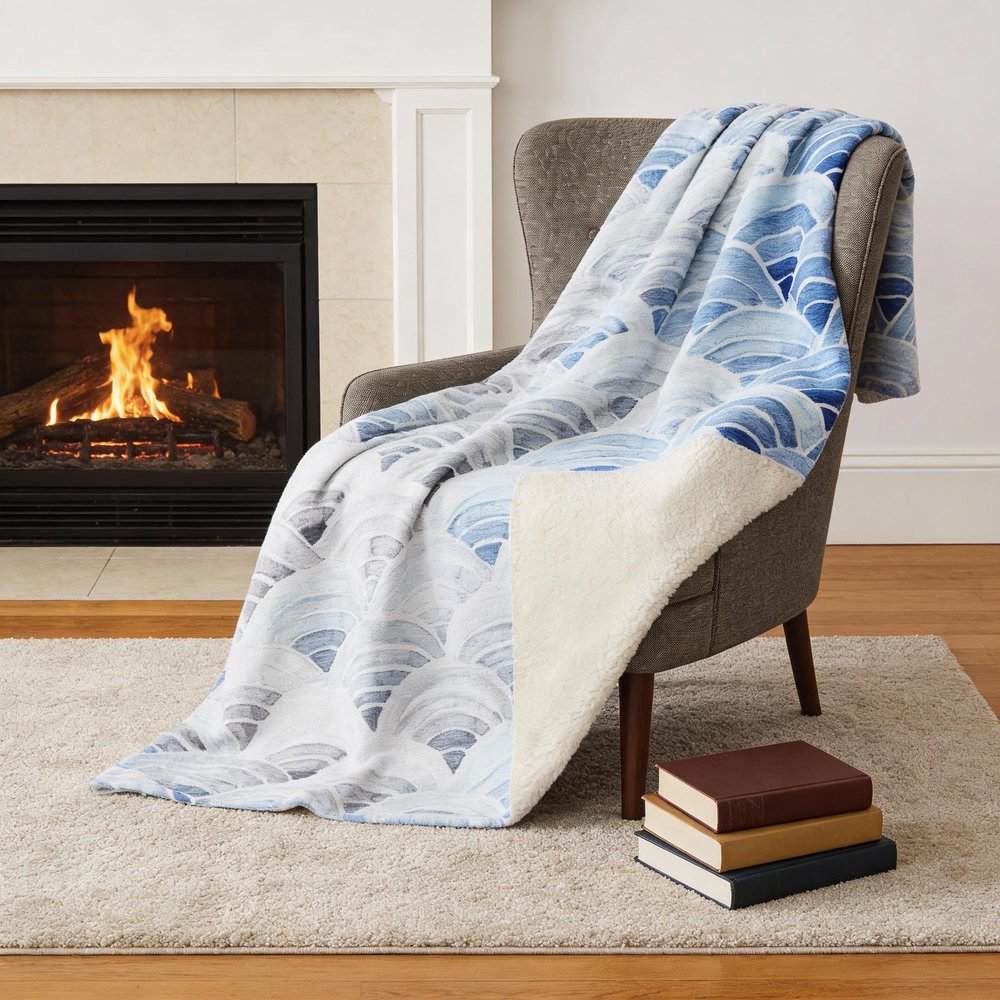 50" X 70" Blue And Ivory Microfiber Coastal Seashell Plush Throw Blanket HomeRoots
