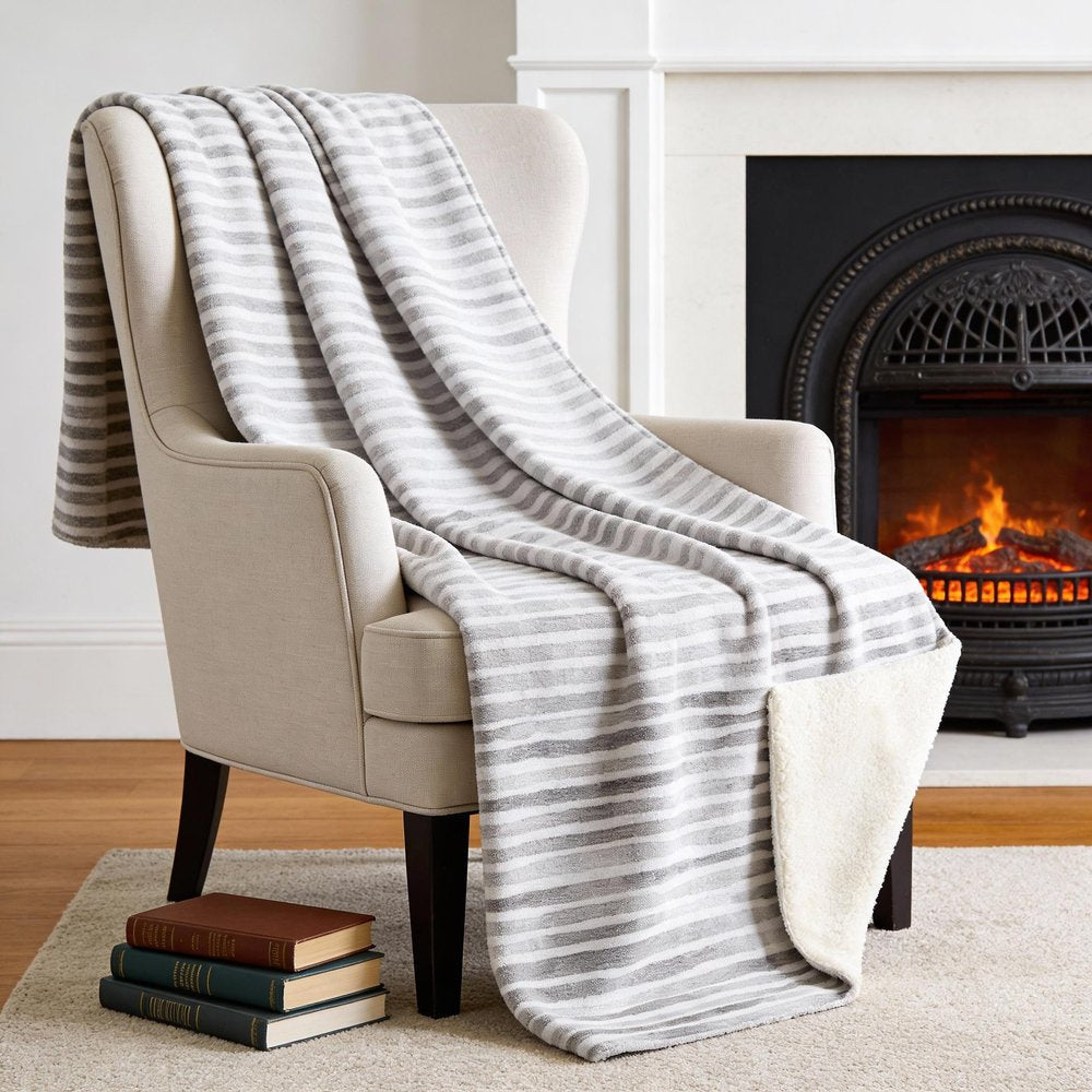 50" X 70" Gray And Ivory Microfiber Striped Plush Throw Blanket HomeRoots