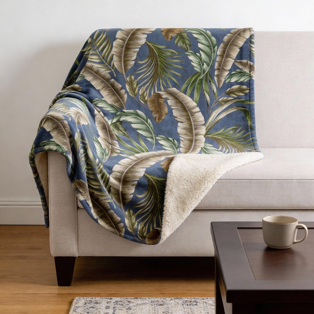 50" X 70" Blue Green And Beige Microfiber Leaves Plush Throw Blanket HomeRoots