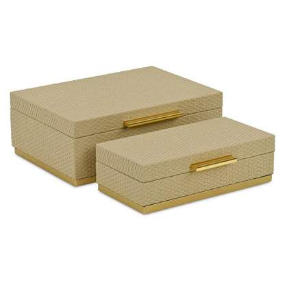 Set of Two Taupe And Gold Nesting Decorative Storage Boxes With Lids HomeRoots