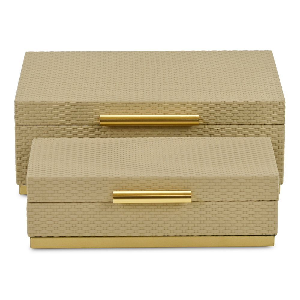 Set of Two Taupe And Gold Nesting Decorative Storage Boxes With Lids HomeRoots