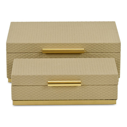 Set of Two Taupe And Gold Nesting Decorative Storage Boxes With Lids HomeRoots