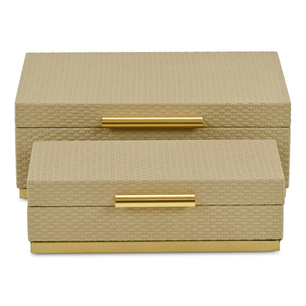 Set of Two Taupe And Gold Nesting Decorative Storage Boxes With Lids HomeRoots