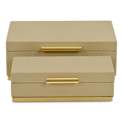 Set of Two Taupe And Gold Nesting Decorative Storage Boxes With Lids HomeRoots