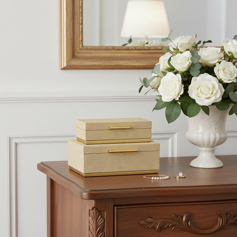 Set of Two Taupe And Gold Nesting Decorative Storage Boxes With Lids HomeRoots