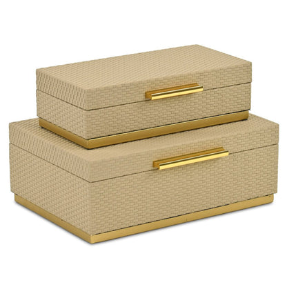 Set of Two Taupe And Gold Nesting Decorative Storage Boxes With Lids HomeRoots