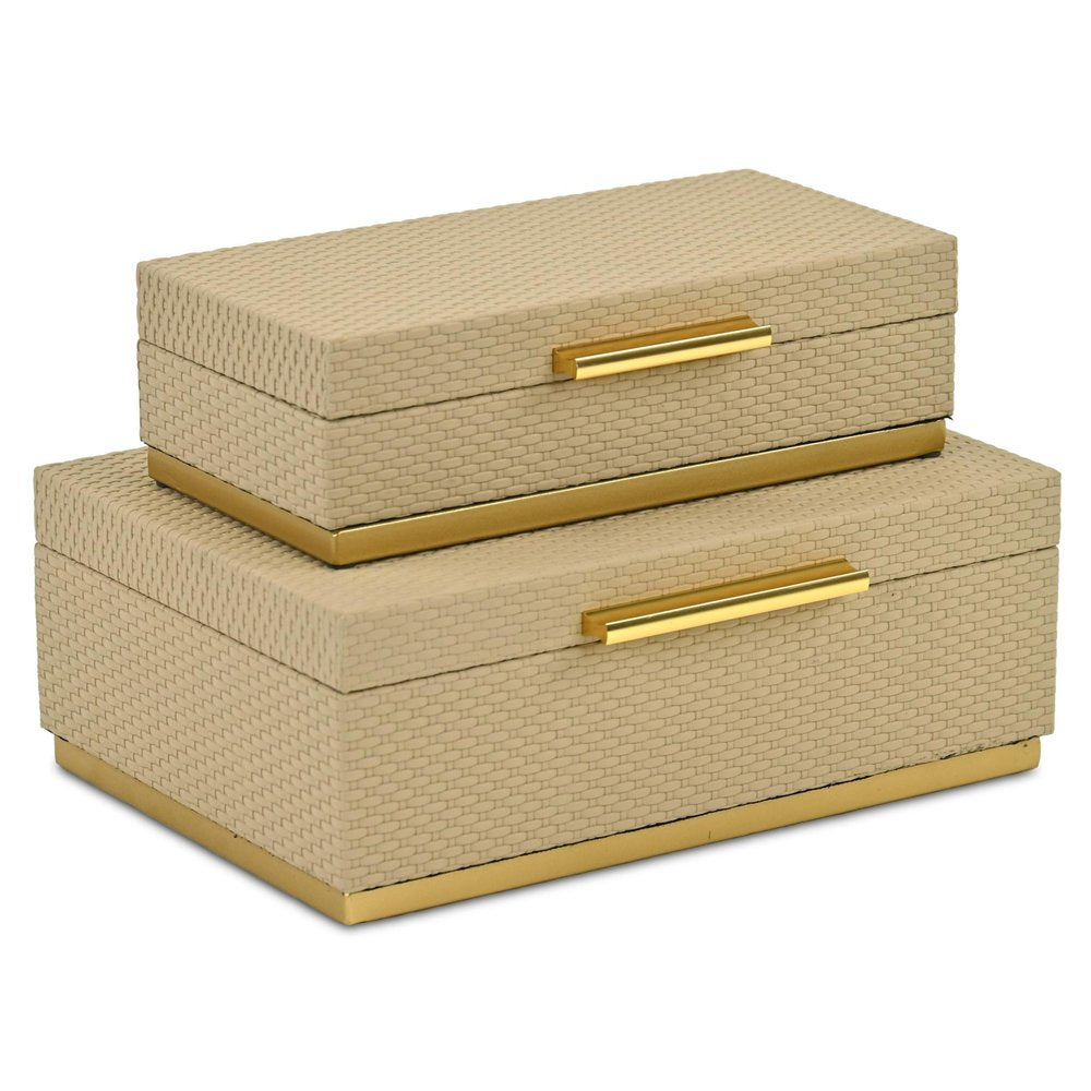 Set of Two Taupe And Gold Nesting Decorative Storage Boxes With Lids HomeRoots
