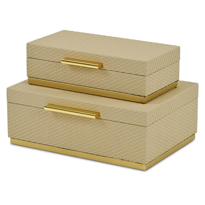 Set of Two Taupe And Gold Nesting Decorative Storage Boxes With Lids HomeRoots