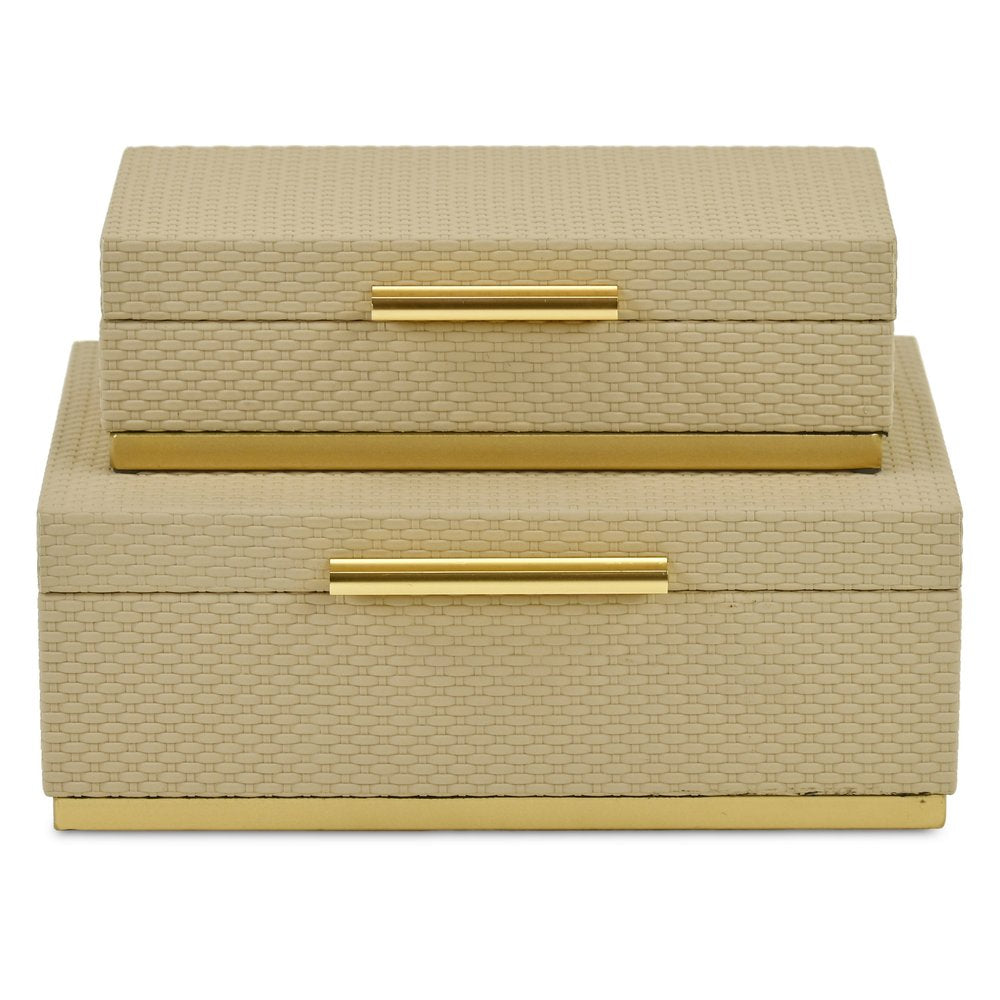 Set of Two Taupe And Gold Nesting Decorative Storage Boxes With Lids HomeRoots