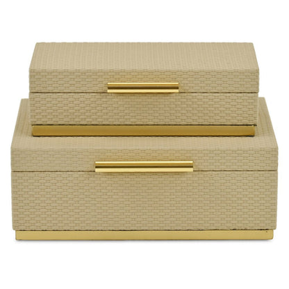 Set of Two Taupe And Gold Nesting Decorative Storage Boxes With Lids HomeRoots